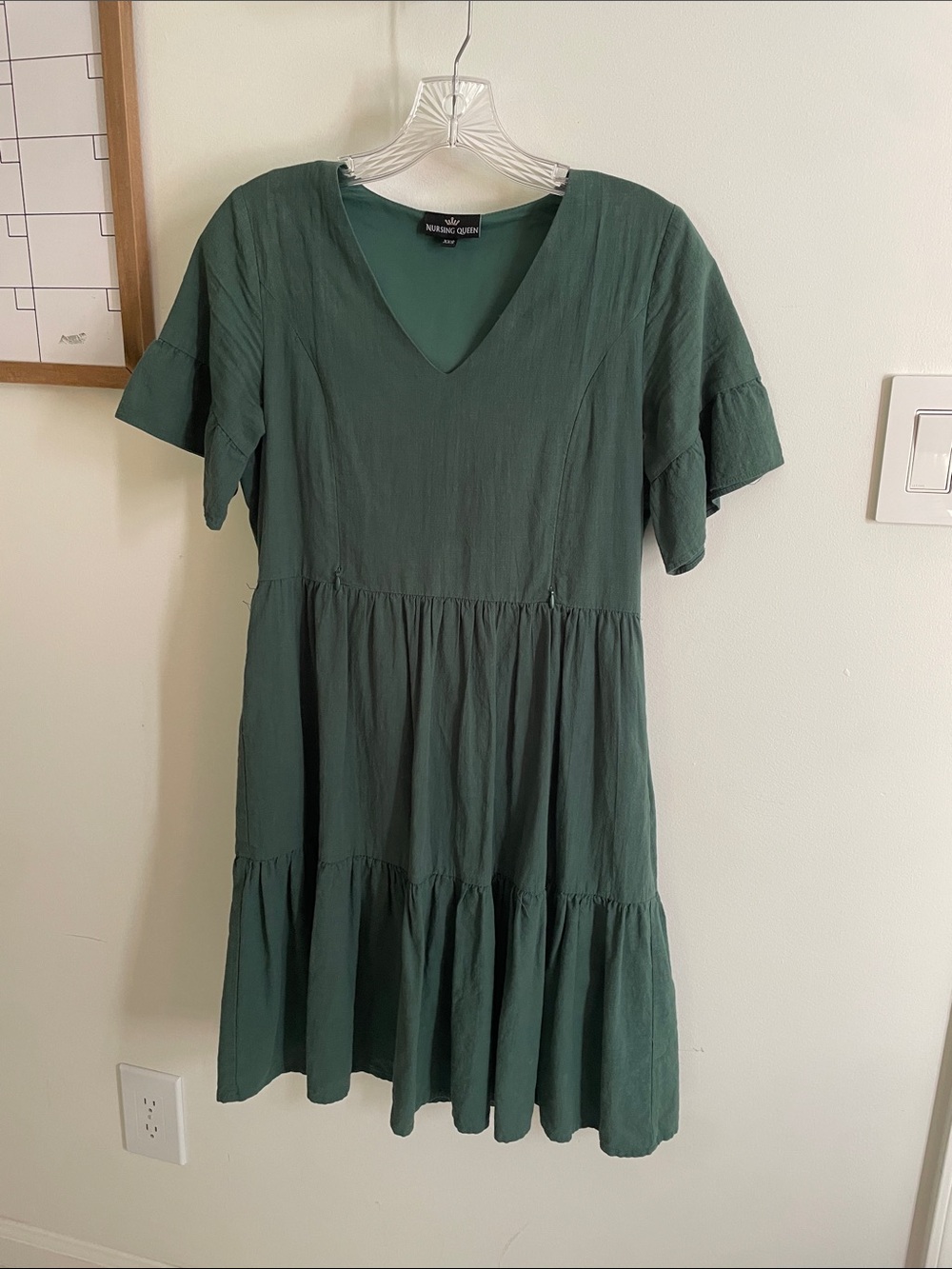 Nursing Queen Moss Green V-Neck Tiered Short Sleeve Dress